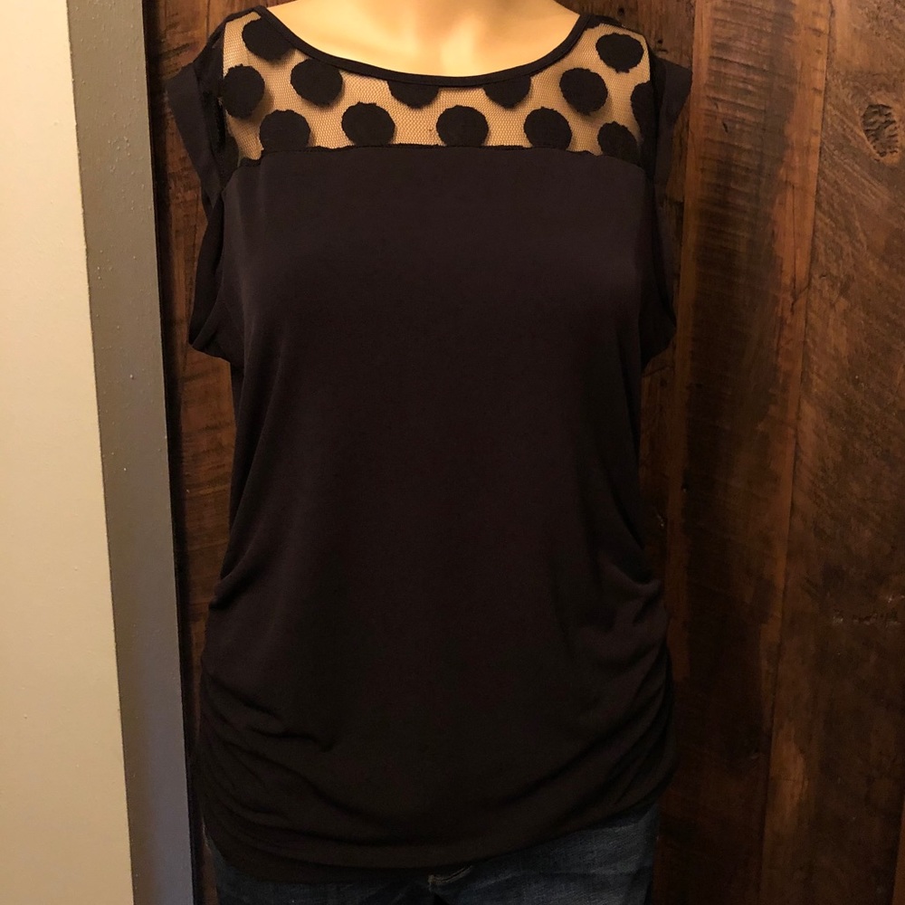 New York & Company Black Mesh Polka Dot Top